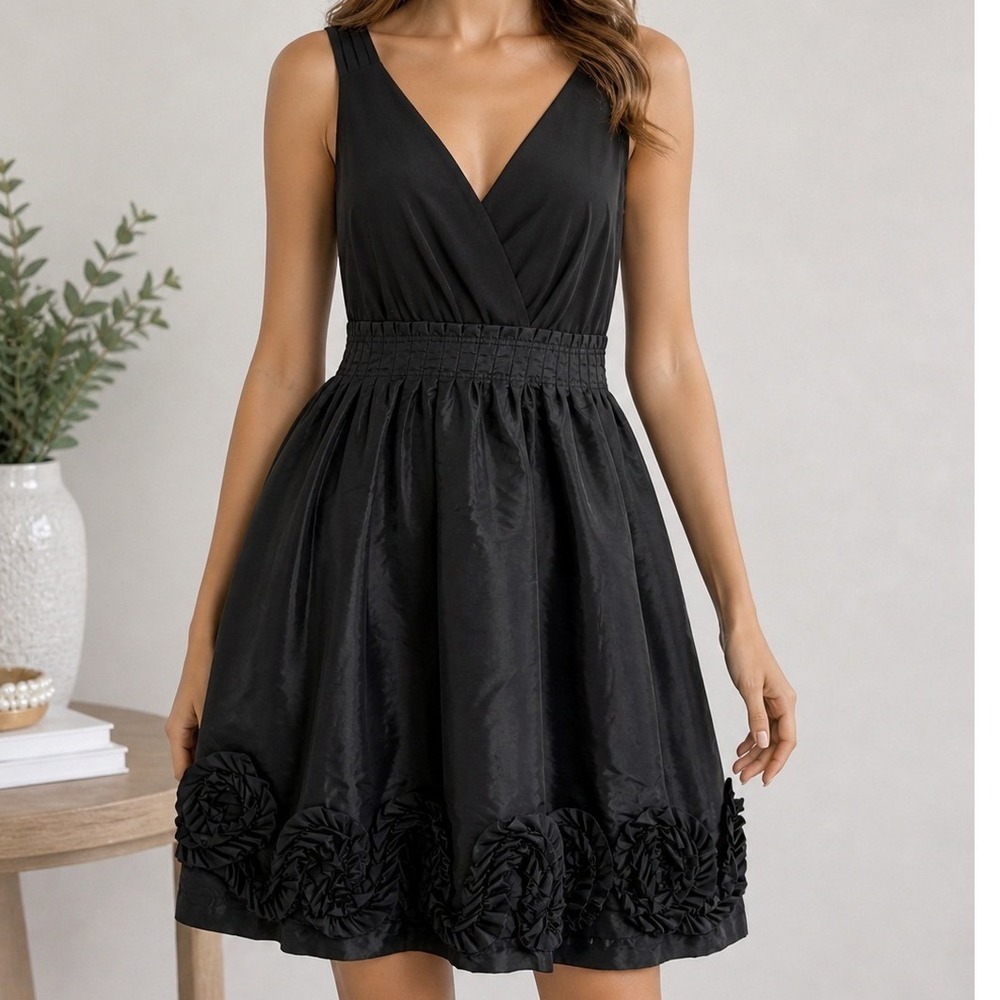 Max and Cleo Womens Cocktail Dress Black Rosette Hem Sleeveless 10